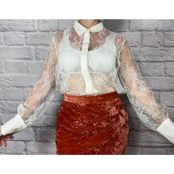 Vintage Y2K Gap Sheer White Lace Button Up Collared Blouse - Picture 1 of 6